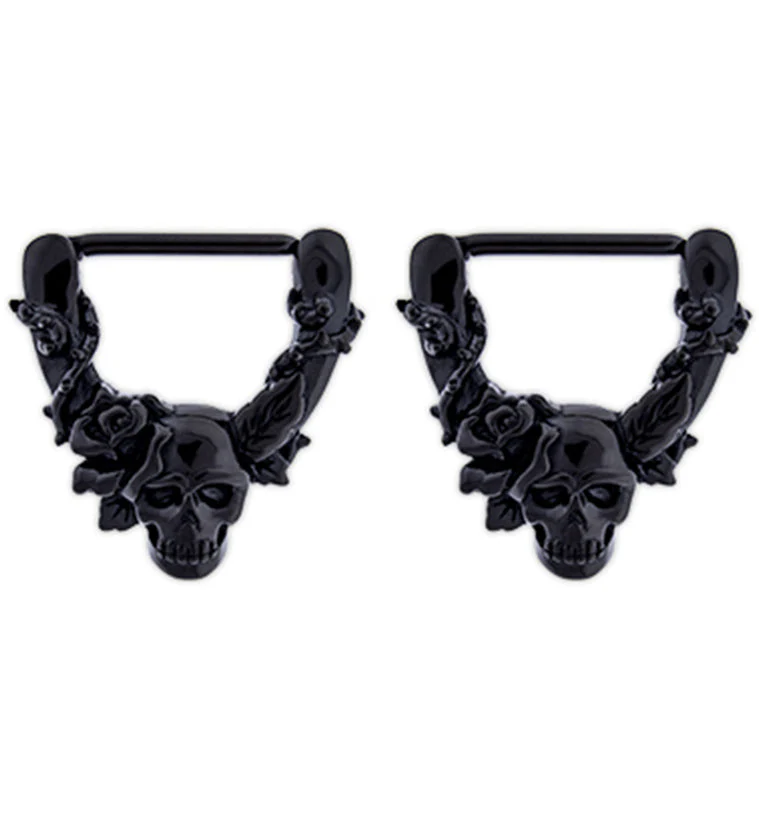 14G Black PVD Skull & Roses Nipple Clicker