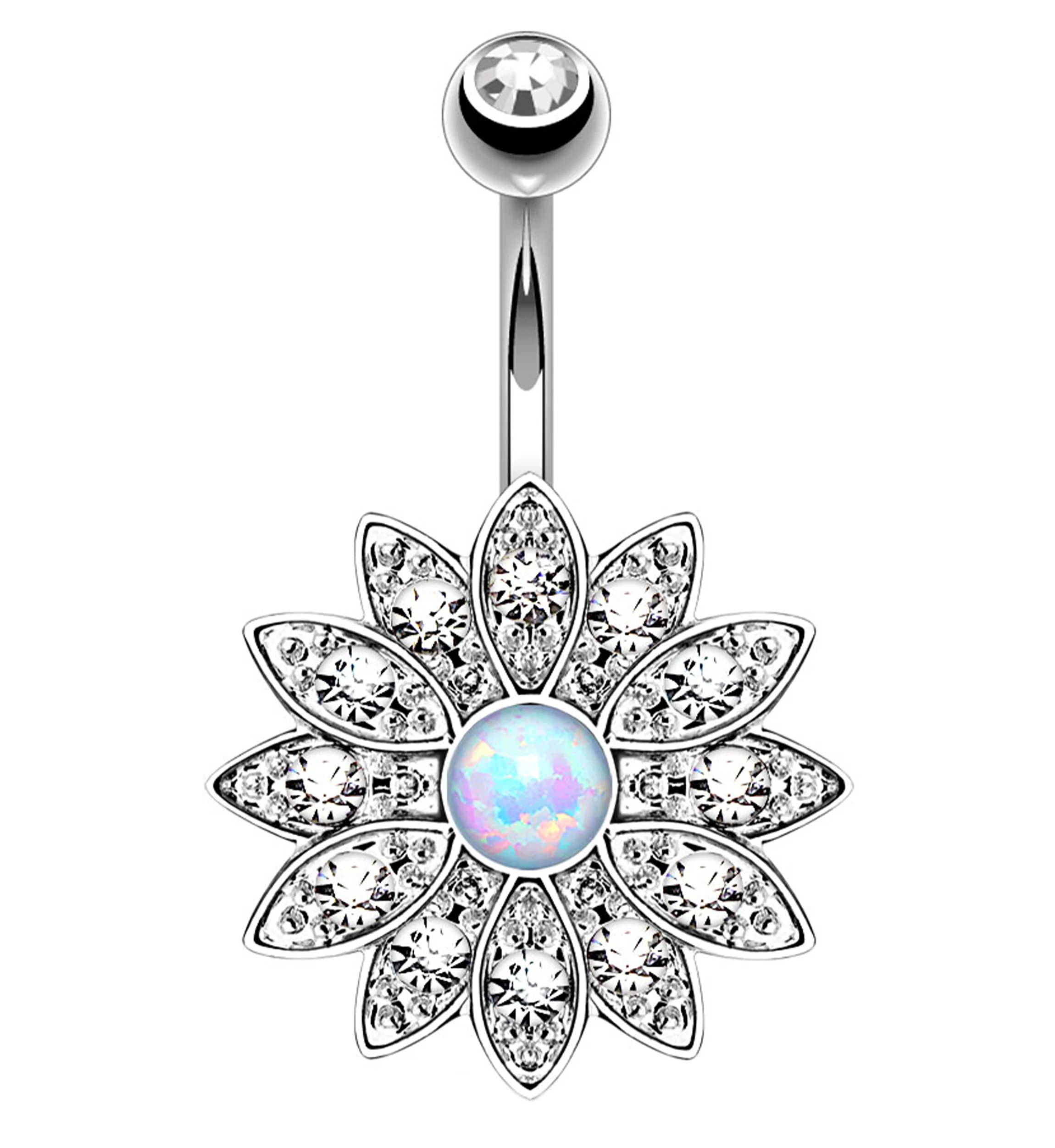 Flower with Rainbow Aurora CZ Gem Belly Button Ring