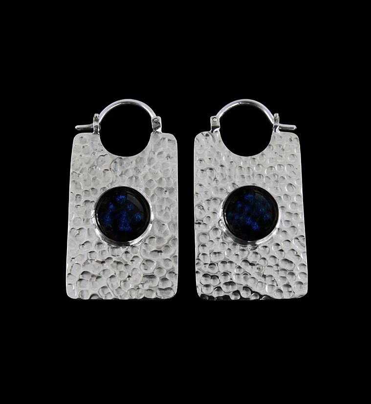 14G Lateral Blue Dichroic Glass White Brass Hangers - Earrings