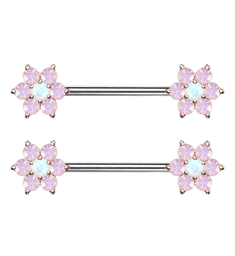 14G White & Pink Opalite Flower Gold Nipple Ring Barbell