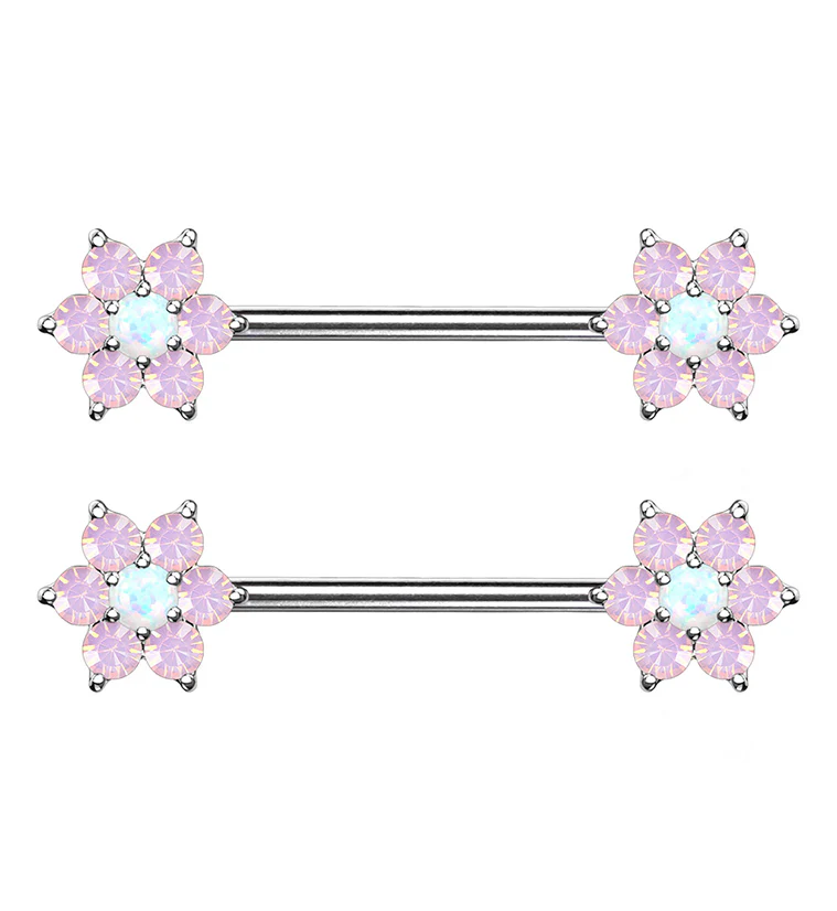 14G White & Pink Opalite Flower Nipple Ring Barbell
