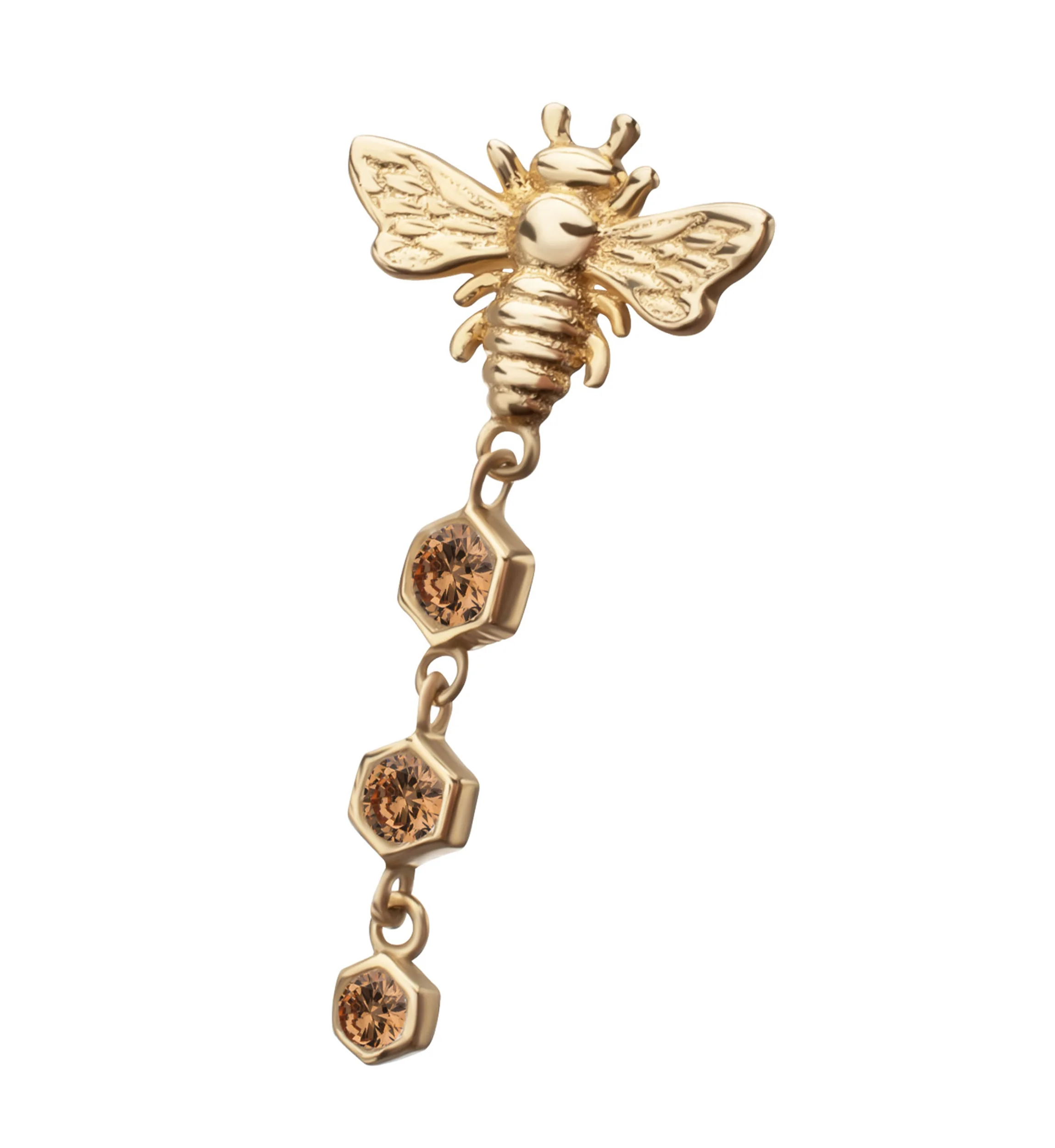 14kt Gold Bee Hex Dangle Champagne CZ Threadless Top - Image 3
