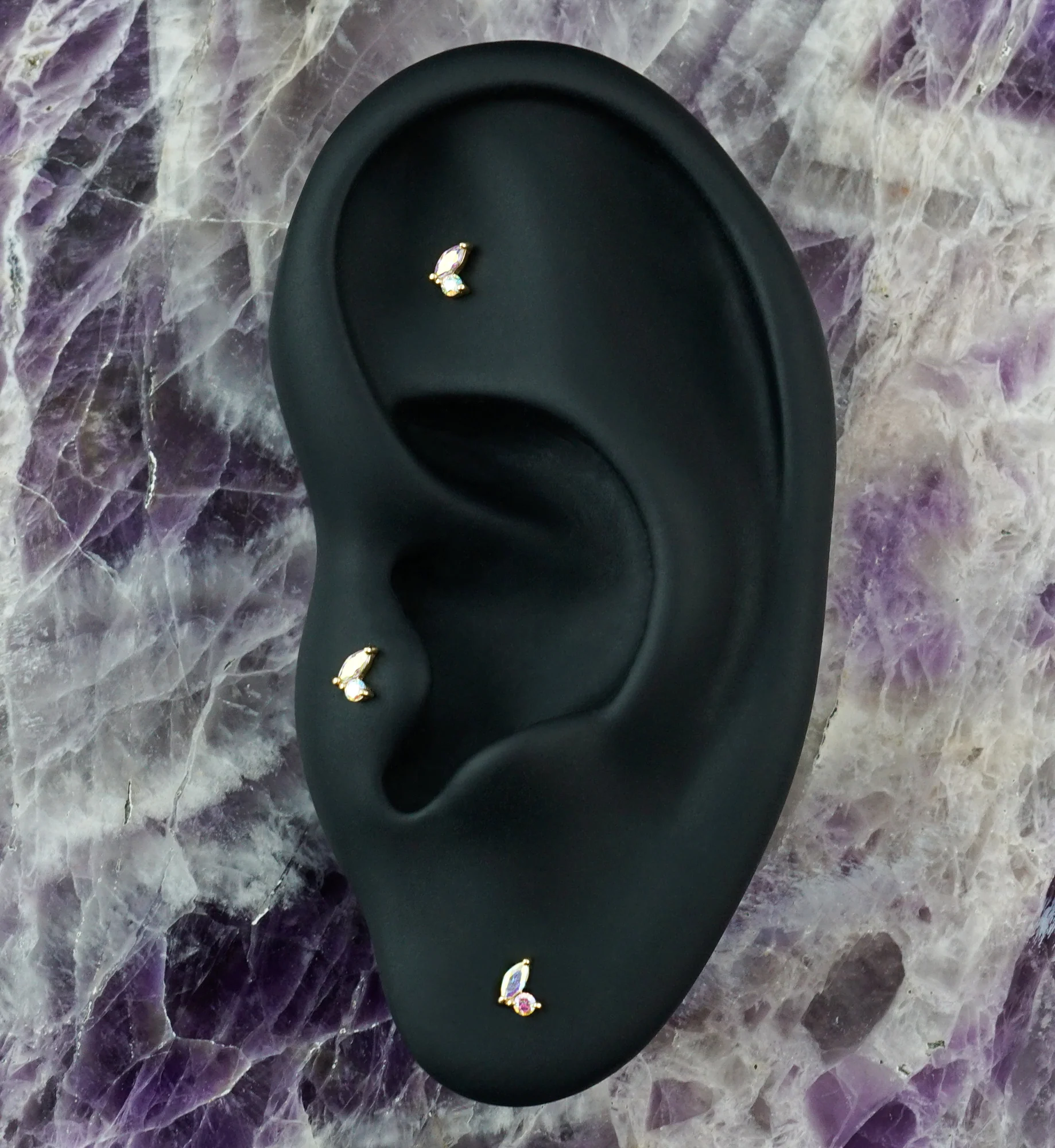 14kt Gold Budding Rainbow Aurora CZ Threadless Top - Image 2