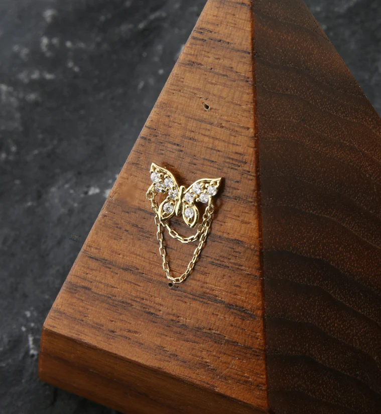 14kt Gold Butterfly Clear CZ Dangle Chain Threadless Top - Image 2