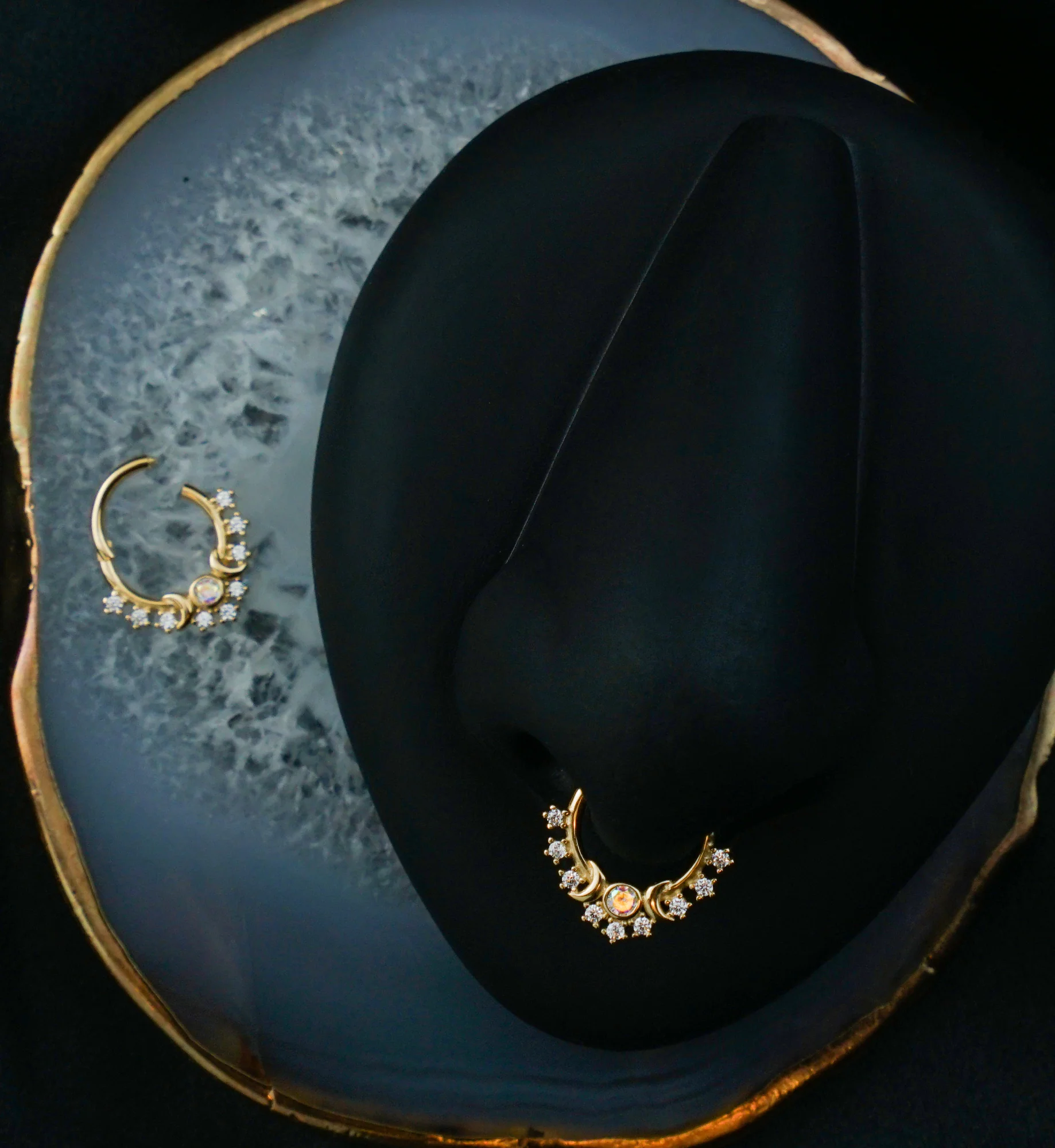 14kt Gold Celestial Crescent Moon Clear CZ Row Hinged Segment Ring - Image 2