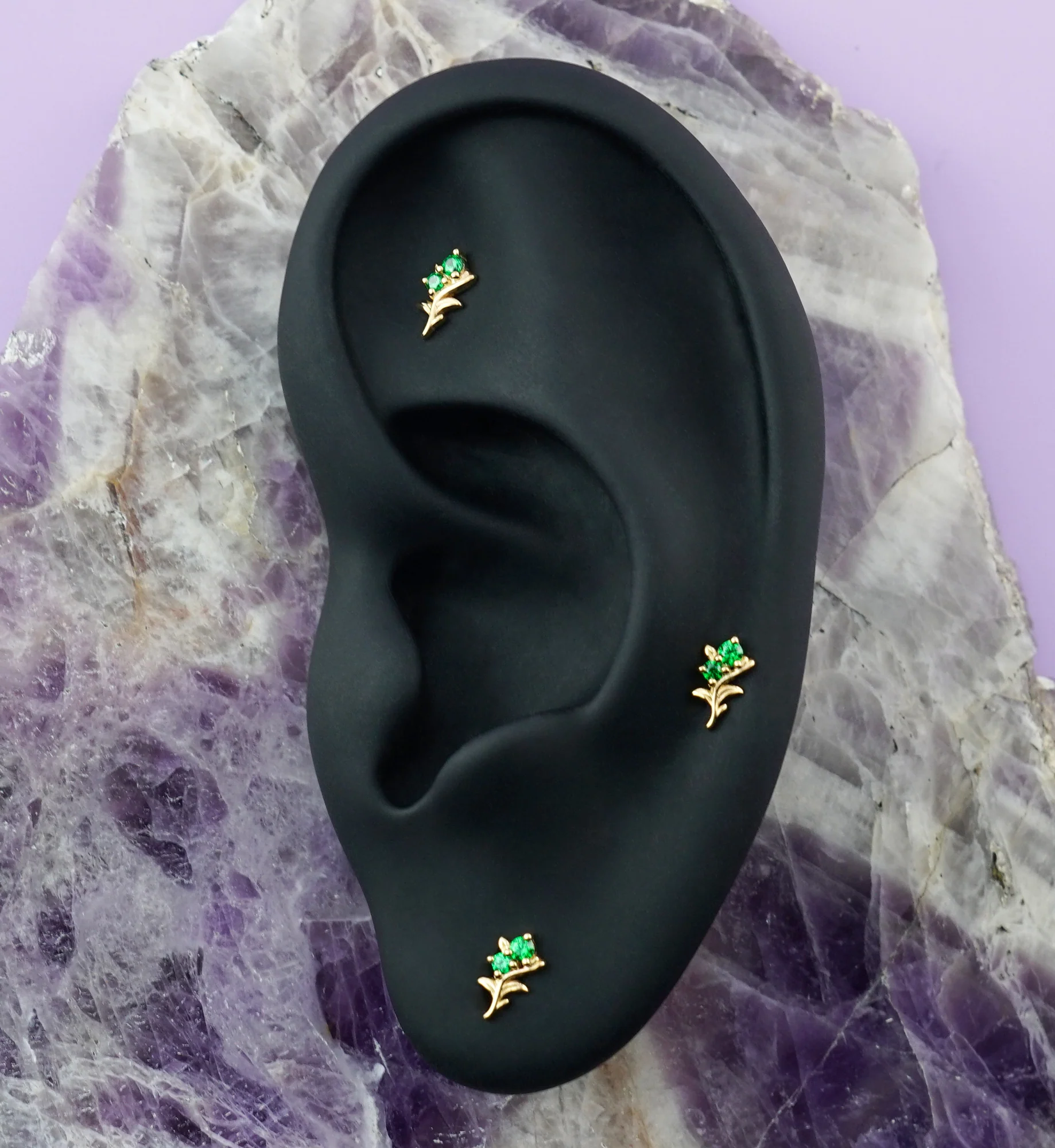 14kt Gold Double Bloom Emerald CZ Threadless Top - Image 2