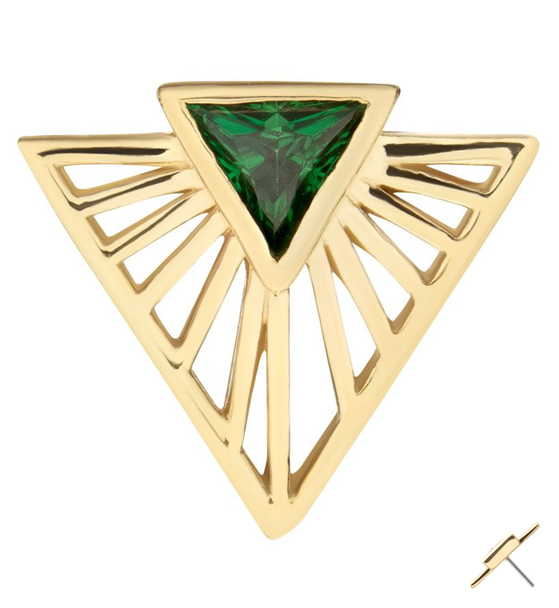 14kt Gold Empire Twin Triangle Emerald CZ Threadless Top