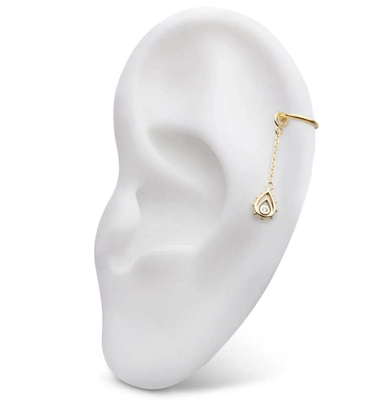 14kt Gold Dual Trace Teardrop Clear CZ Dangle Chain Charm - Image 3