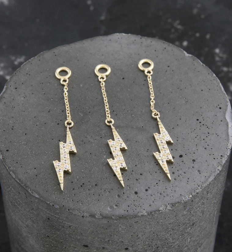14kt Gold Electric Bolt Clear CZ Dangle Chain Charm - Image 2