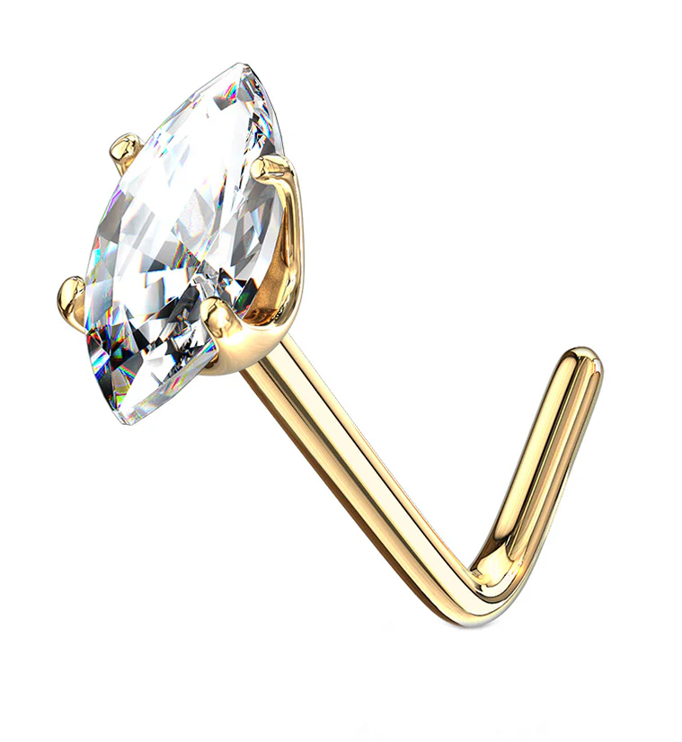 14kt Gold Ellipt Clear CZ L Bend Nose Ring