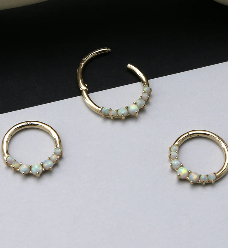 14kt Gold Front Facing White Opalite Hinged Segment Ring - Image 2