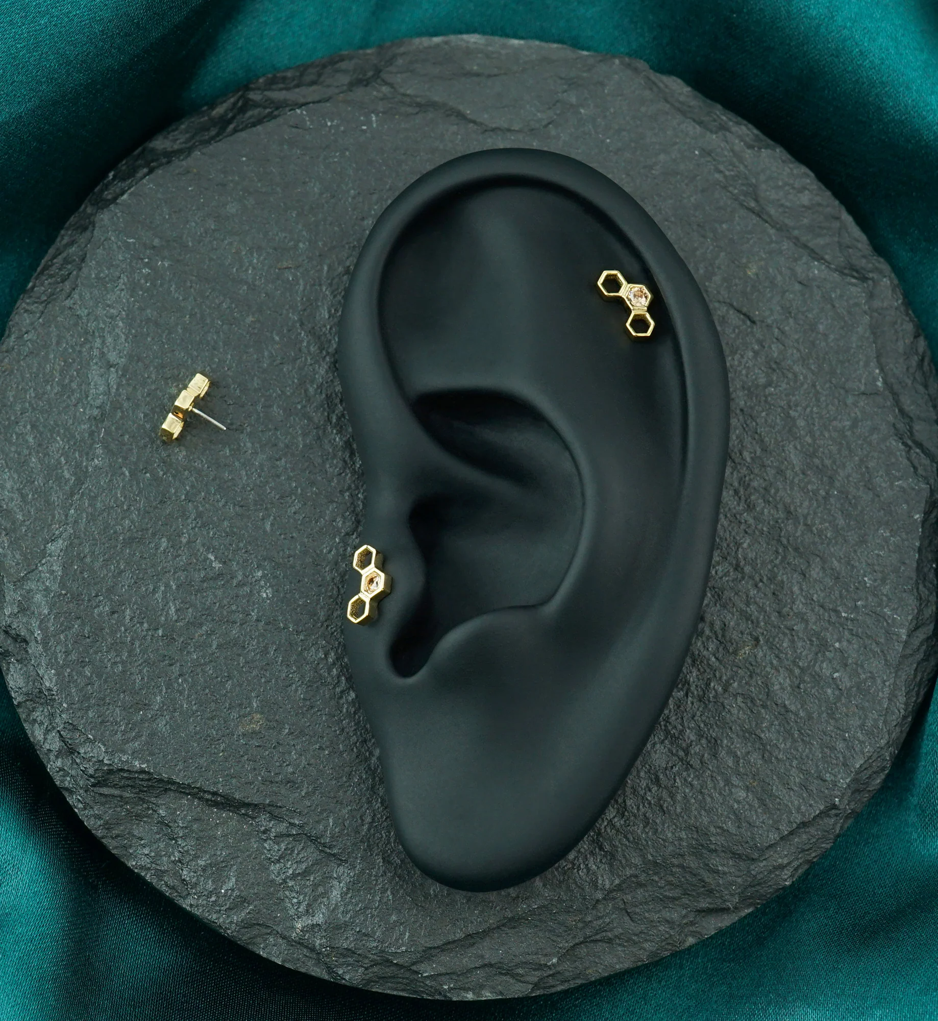 14kt Gold Hollow Hexagon Arch Champagne CZ Threadless Top - Image 2