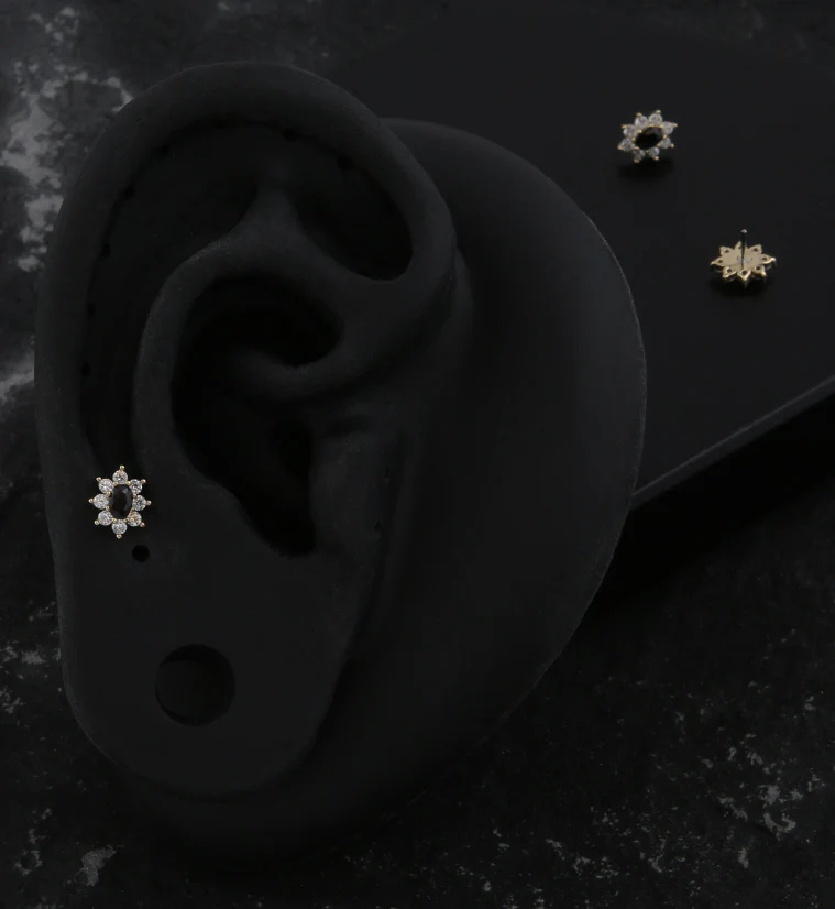 14kt Gold Oval Flower Black CZ Threadless Top - Image 2