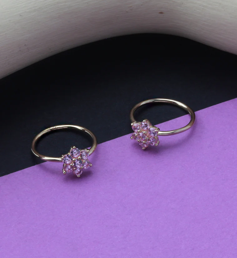14kt Gold Pink CZ Gem Flower Hoop Ring - Image 2