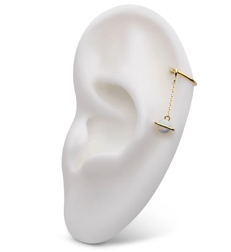 14kt Gold Saturn White Opalite Dangle Chain Charm - Image 3