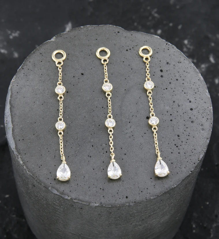 14kt Gold Triple Tier Teardrop CZ Dangle Chain Charm - Image 2