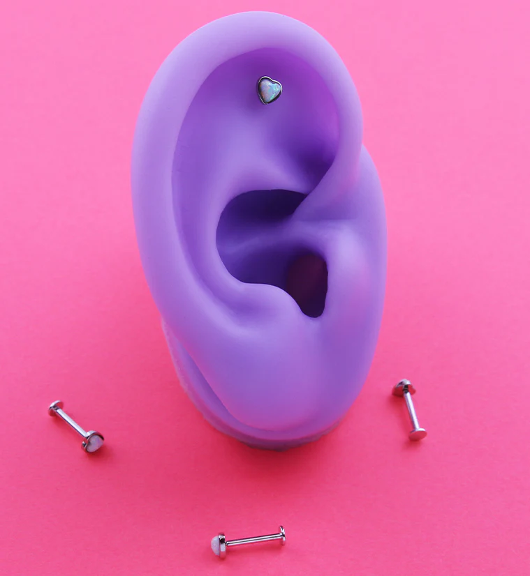 14kt White Gold Heart White Opalite Threadless Labret - Image 2