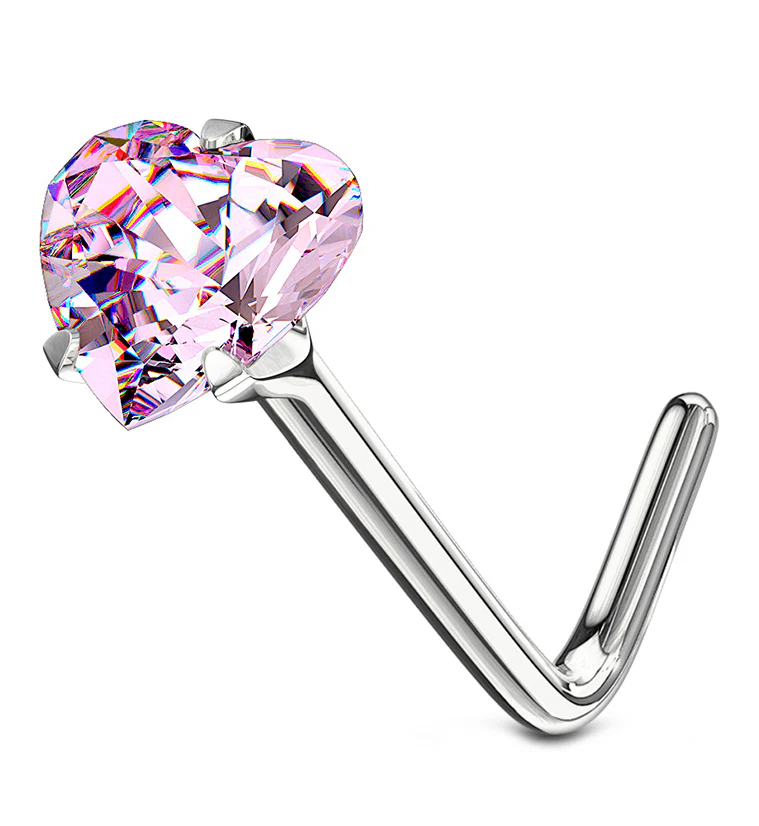 14kt White Gold Pink Heart CZ L Bend Nose Ring