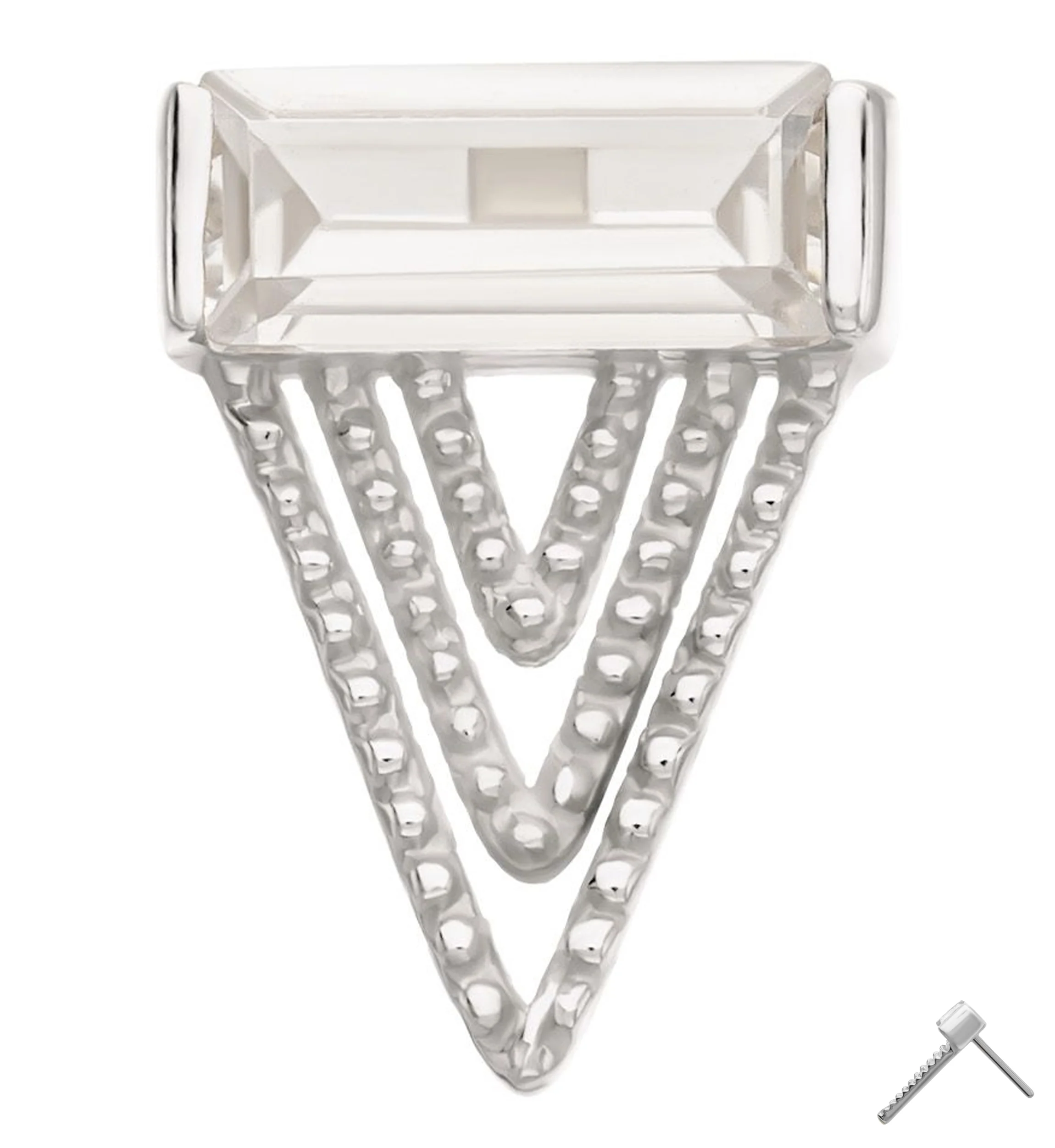 14kt White Gold Tri-Layered Point Baguette CZ Threadless Top
