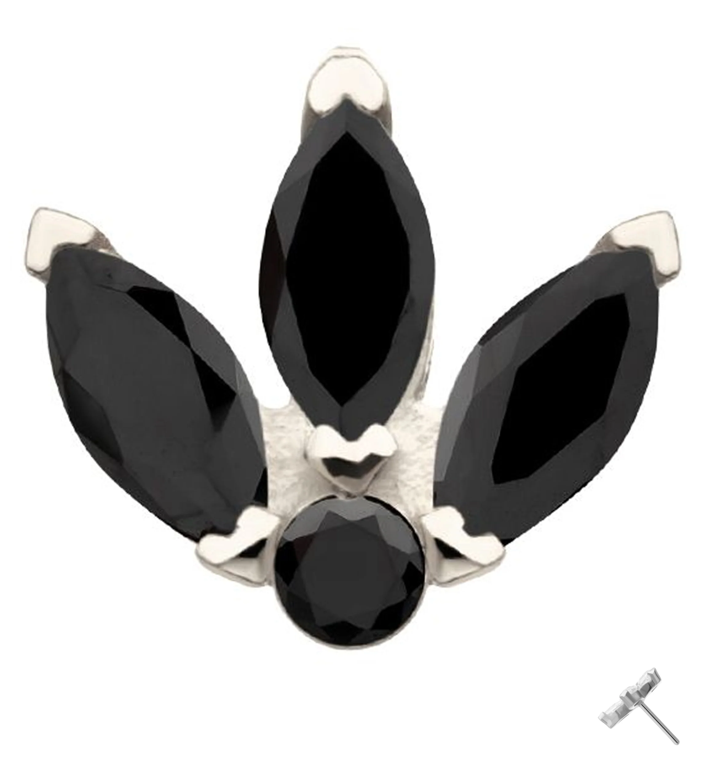 14kt White Gold Tri Sepal Black CZ Threadless Top