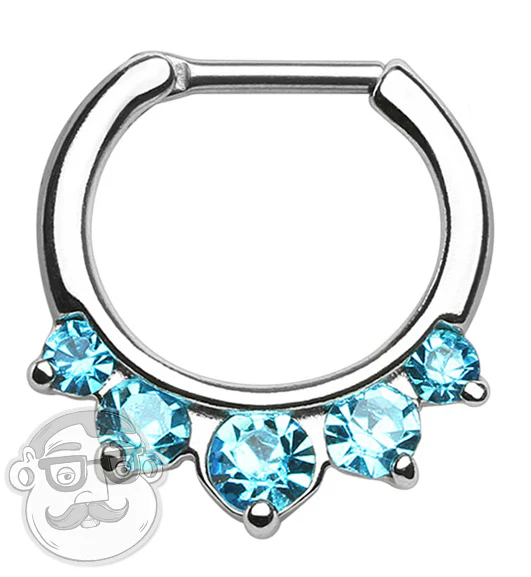 16G - 14G Five Aqua CZ Gem Steel Septum Clicker
