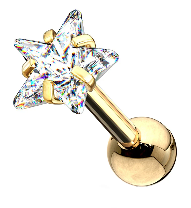16G Gold PVD Star CZ Top Cartilage Barbell