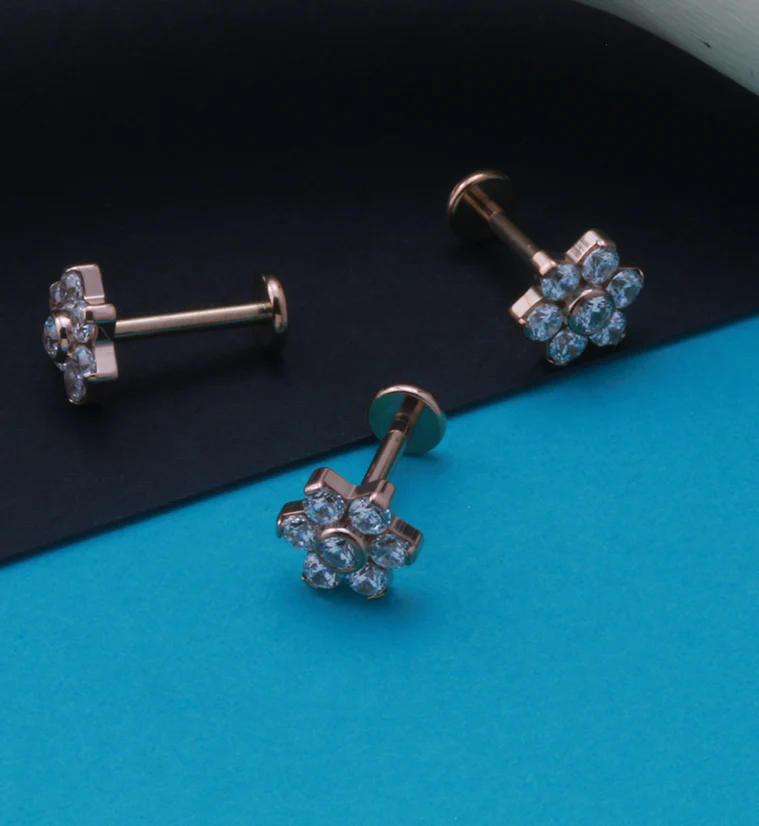 16G Rose Gold PVD CZ Flower Titanium Labret Post - Image 3