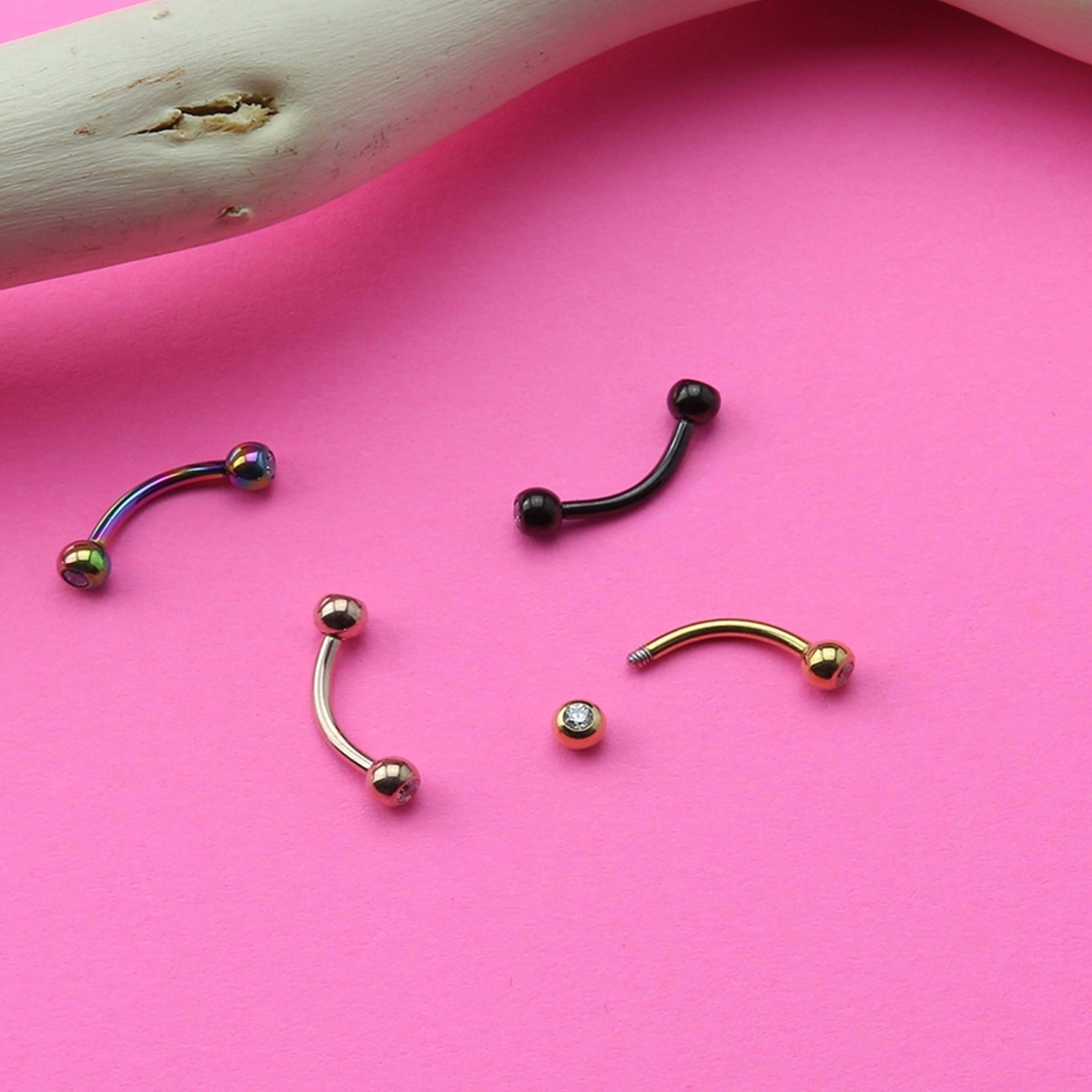 Rose Gold PVD Titanium Double CZ Curved Barbell (External Threading) - Image 3