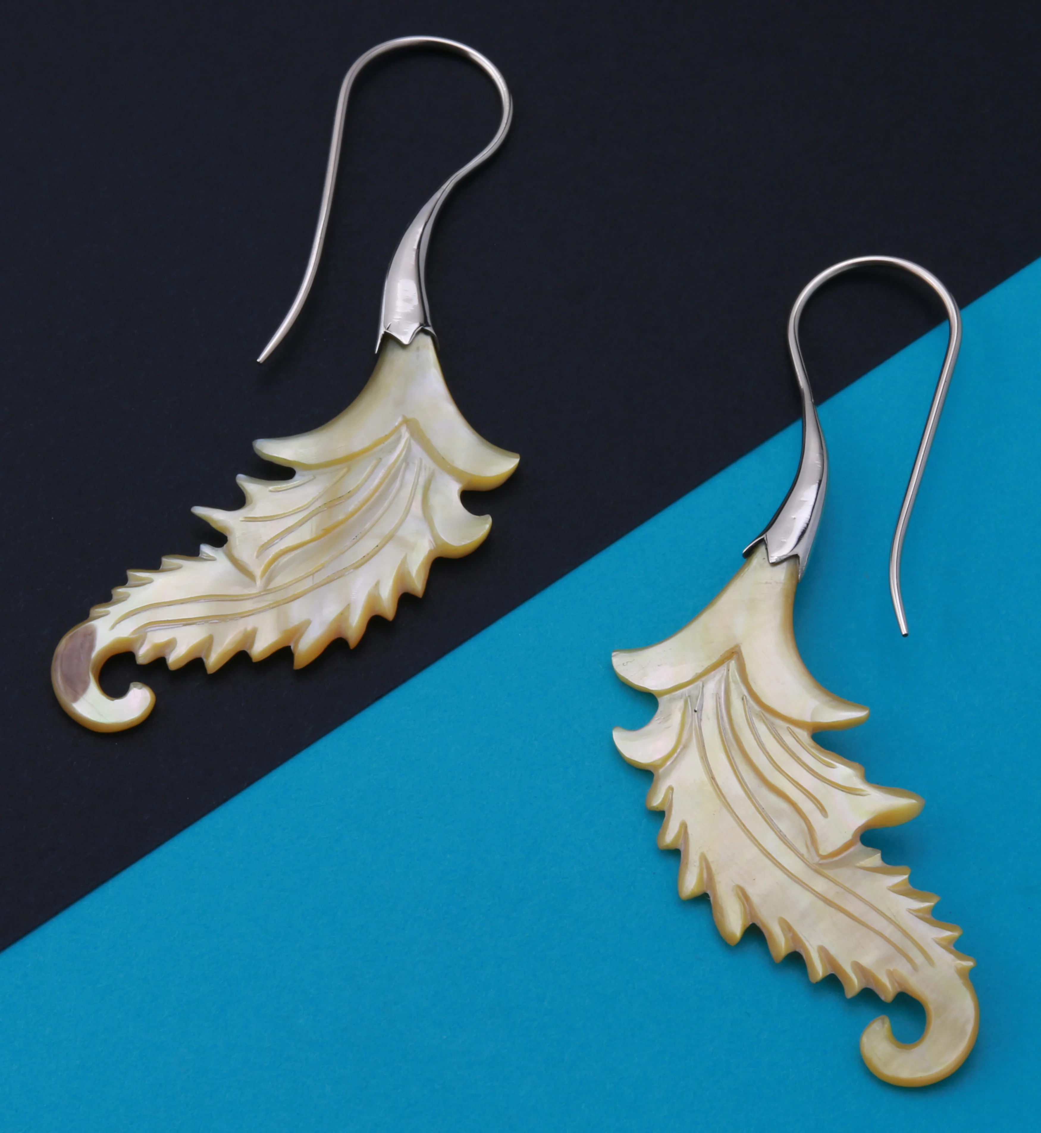 18G Feather White Brass MOP Hangers / Earrings - Image 4