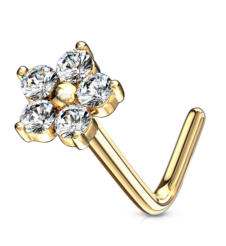 20G 14kt Gold CZ Floral L Bend Nose Ring