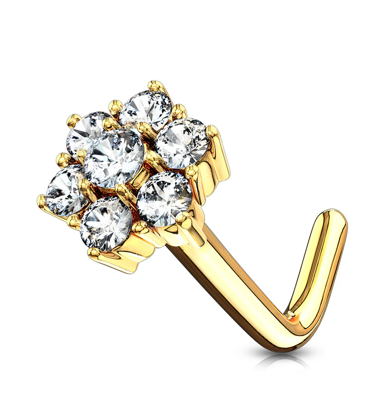 20G 14kt Gold CZ Flower Pack L Bend Nose Ring