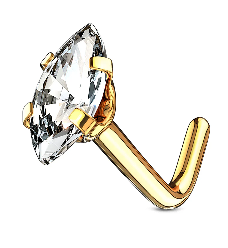 20G Gold PVD Oval CZ Stainless Steel L Bend Nose Ring