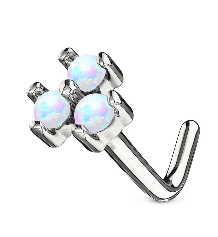 20G White Trinity Opal 14kt White Gold L Bend Nose Ring