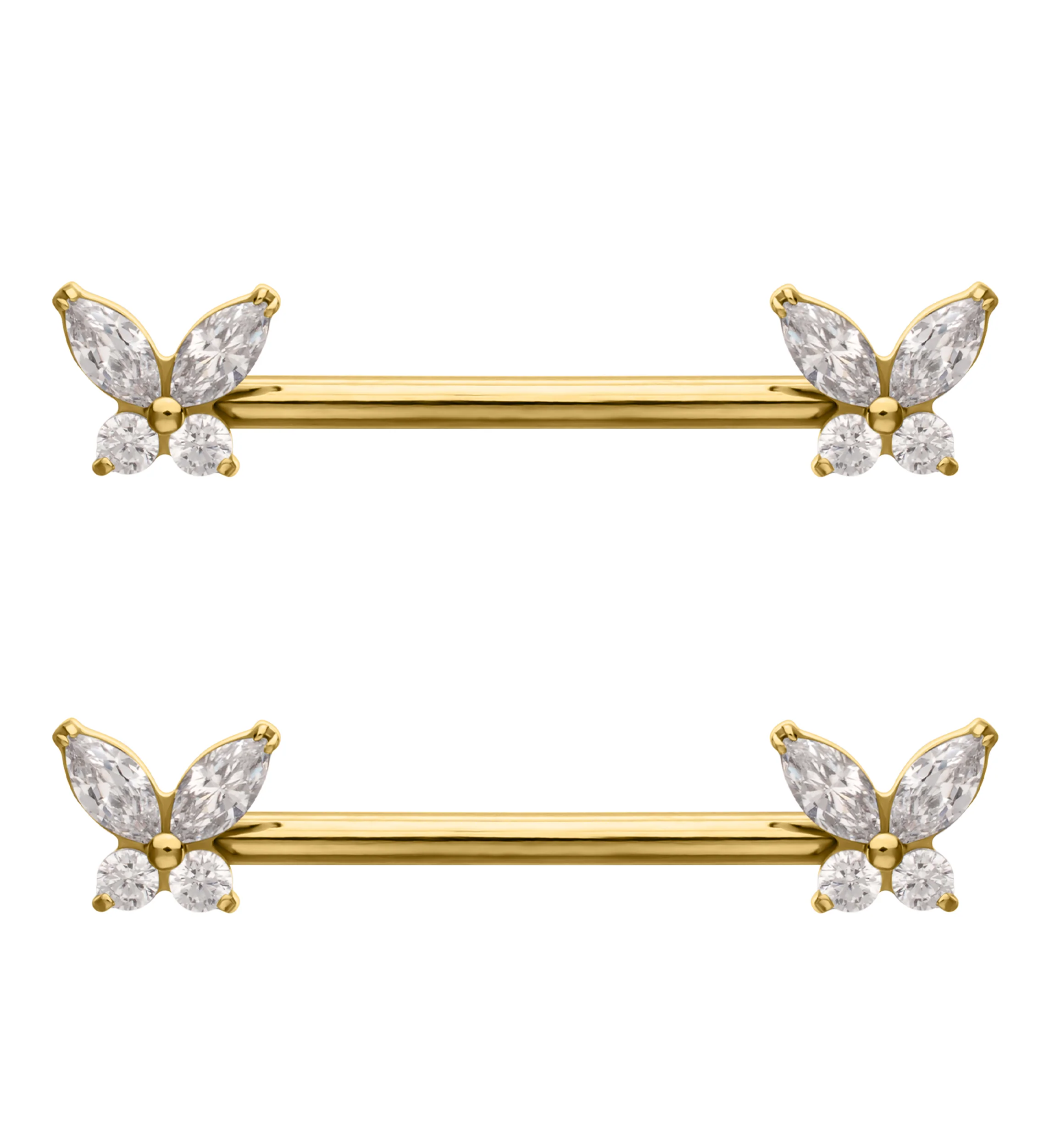 24kt Gold PVD Butterfly Clear CZ Internally Threaded Titanium Nipple Barbell
