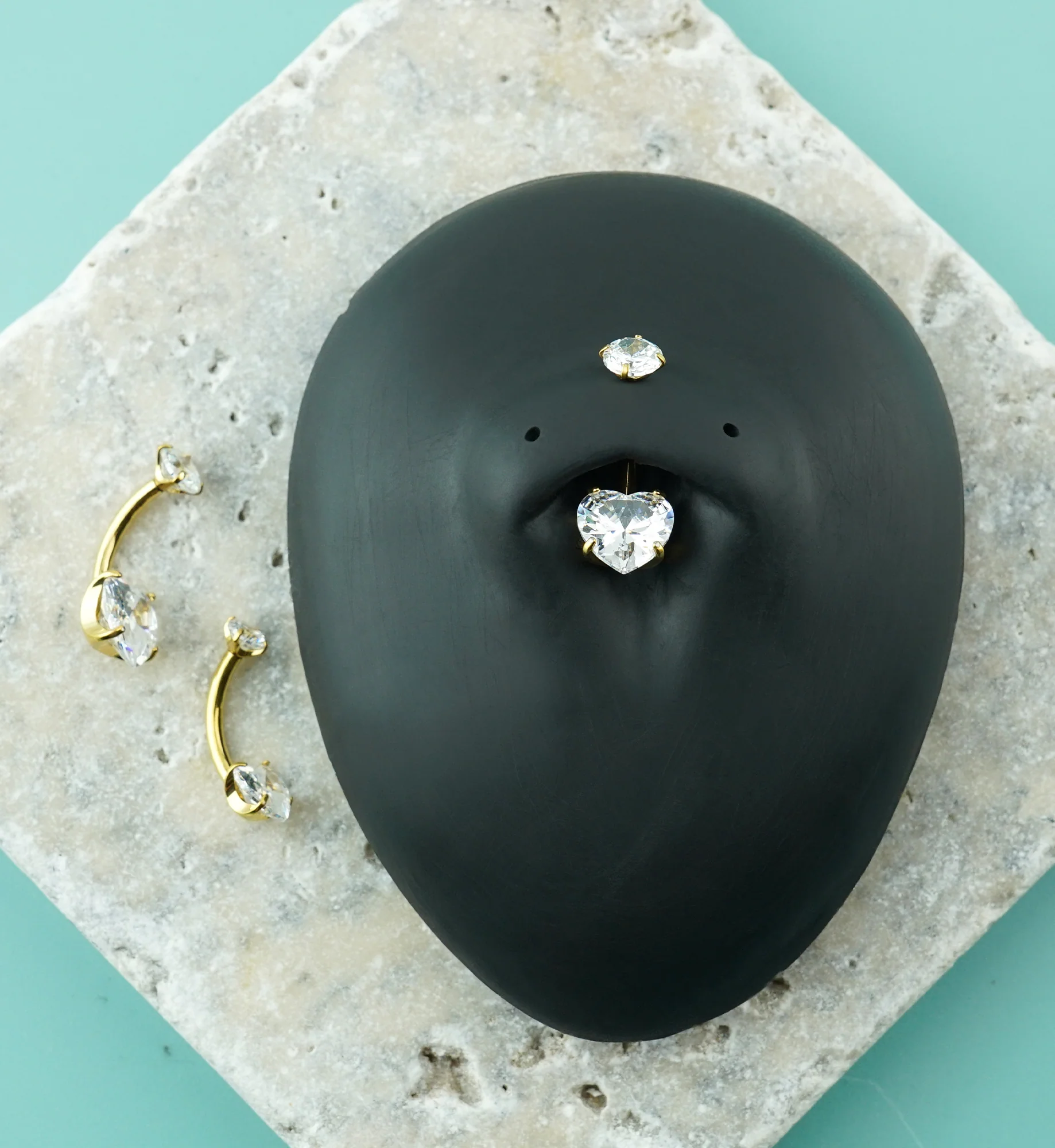24kt Gold PVD Clear CZ Heart Titanium Internally Threaded Belly Button Ring - Image 2