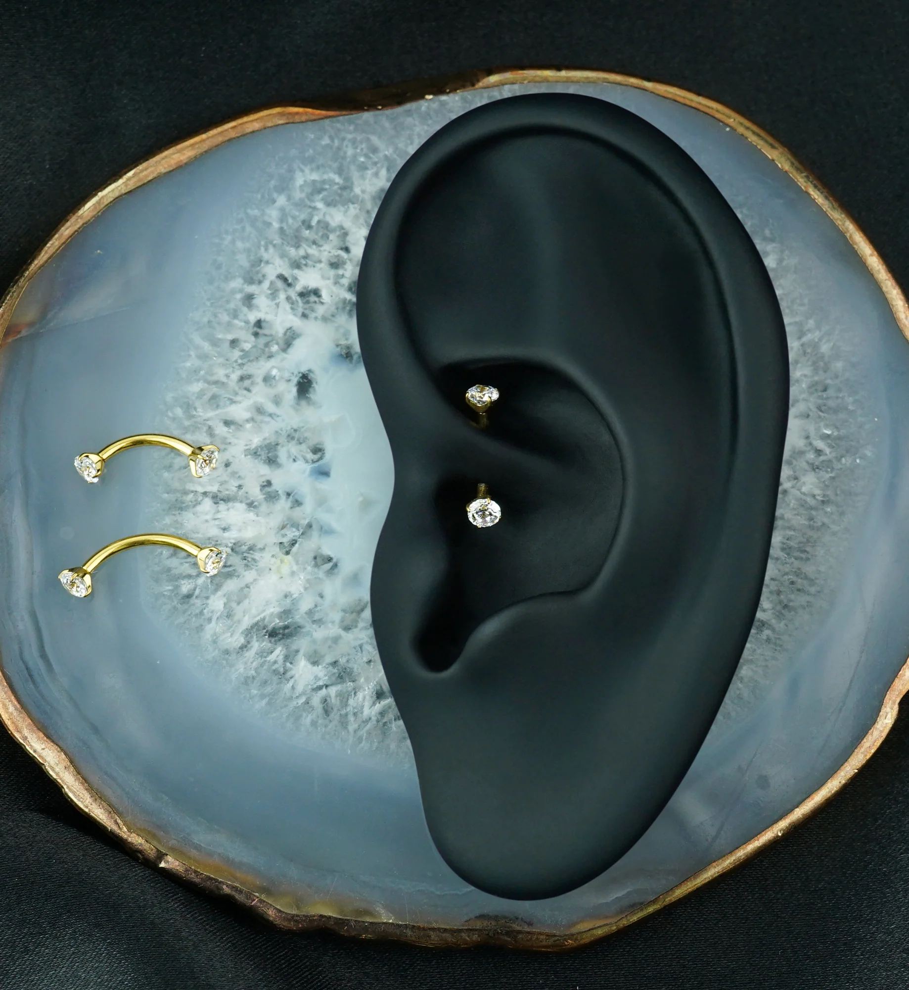 24kt Gold PVD CZ Internally Threaded Titanium Curved Barbell - Image 3