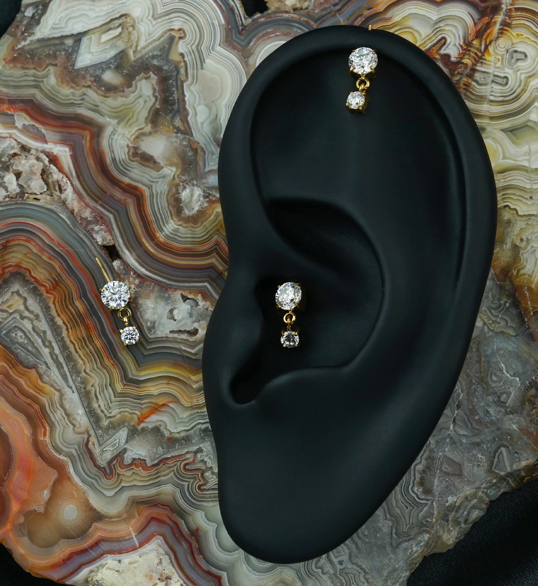 24kt Gold PVD Double Clear CZ Dangle Vertical Titanium Threadless Top - Image 2