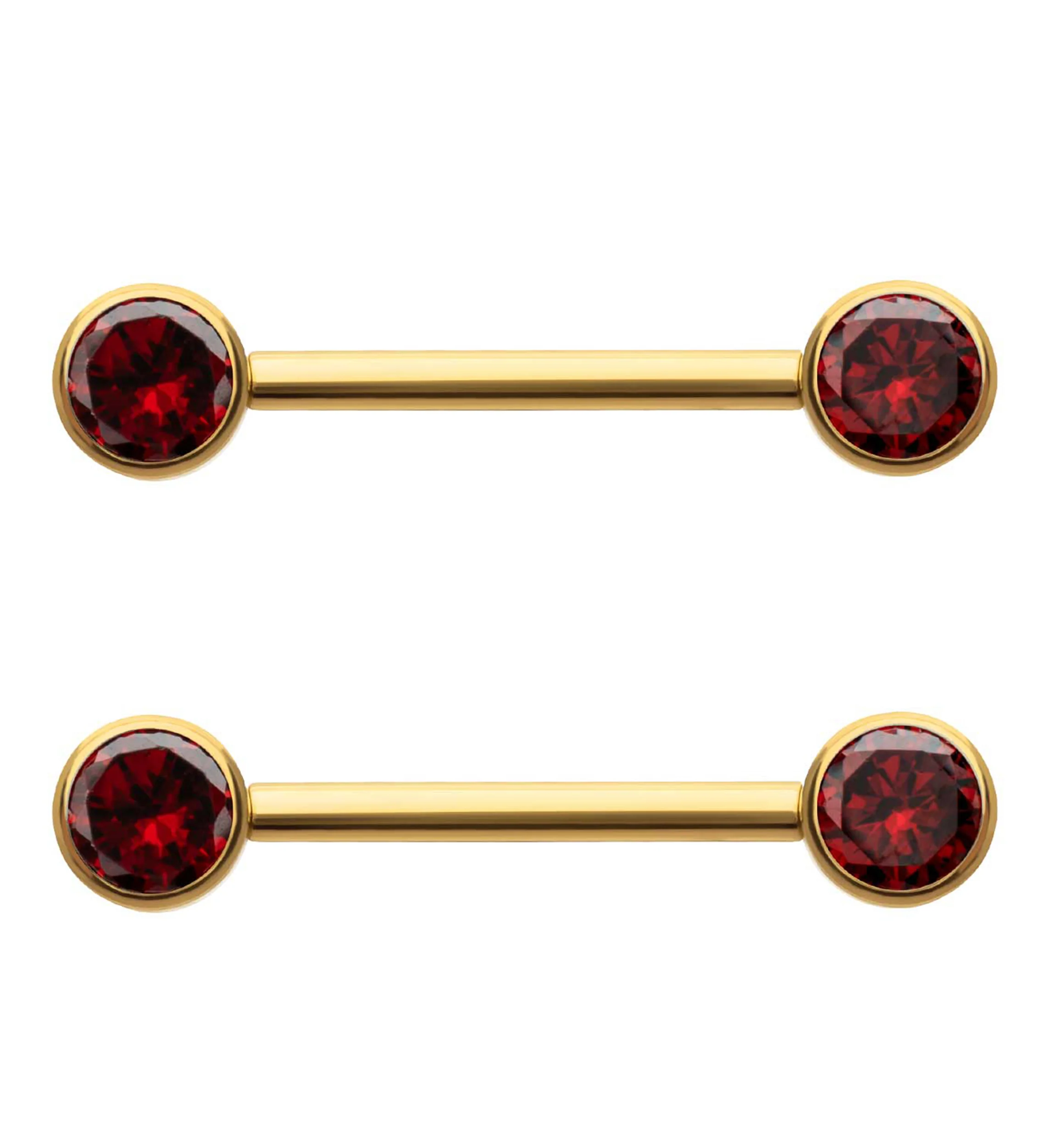24kt Gold PVD Bezel Set Garnet CZ Titanium Internally Threaded Nipple Barbells