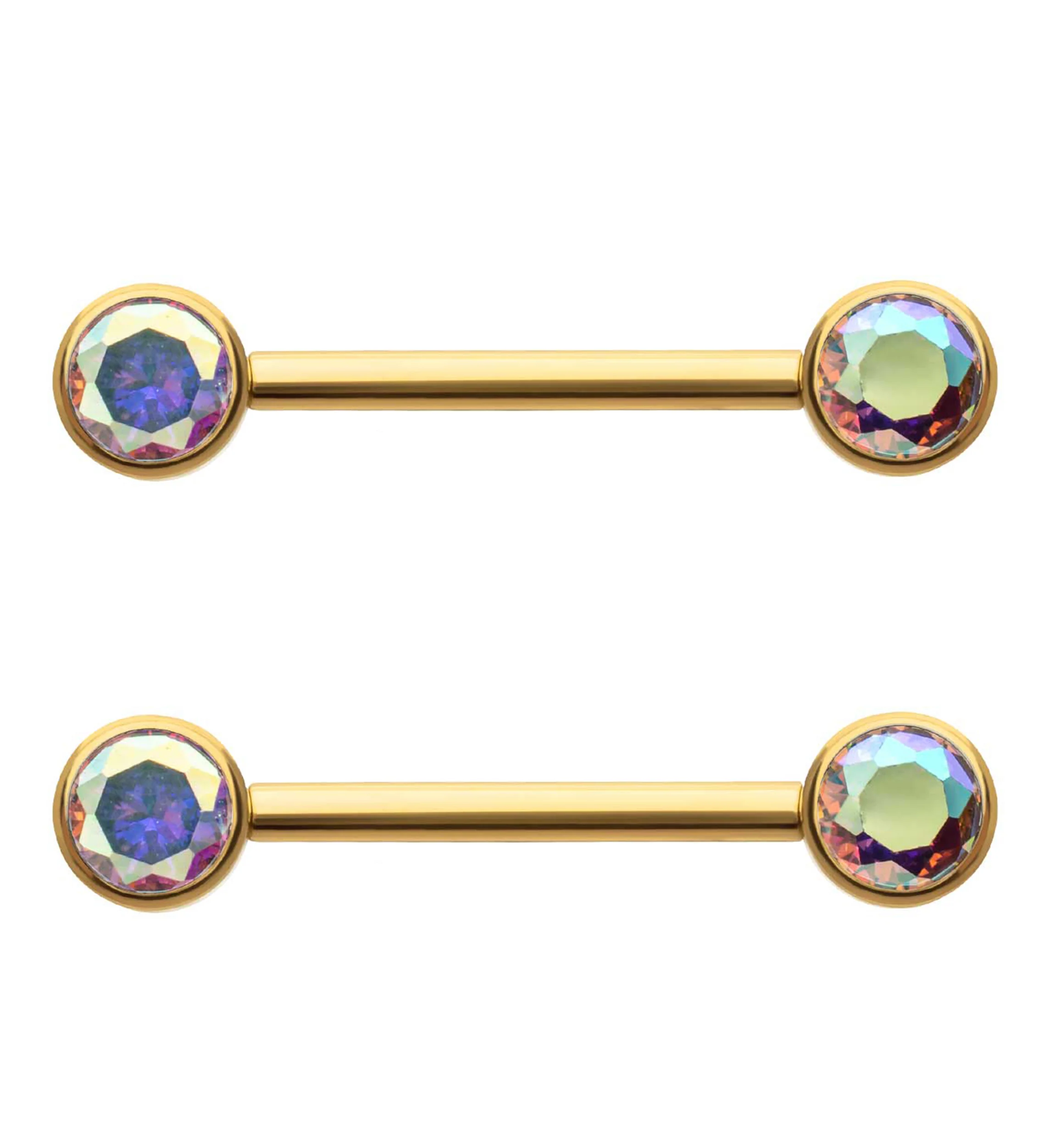 24kt Gold PVD Bezel Set Rainbow Aurora CZ Titanium Internally Threaded Nipple Barbells