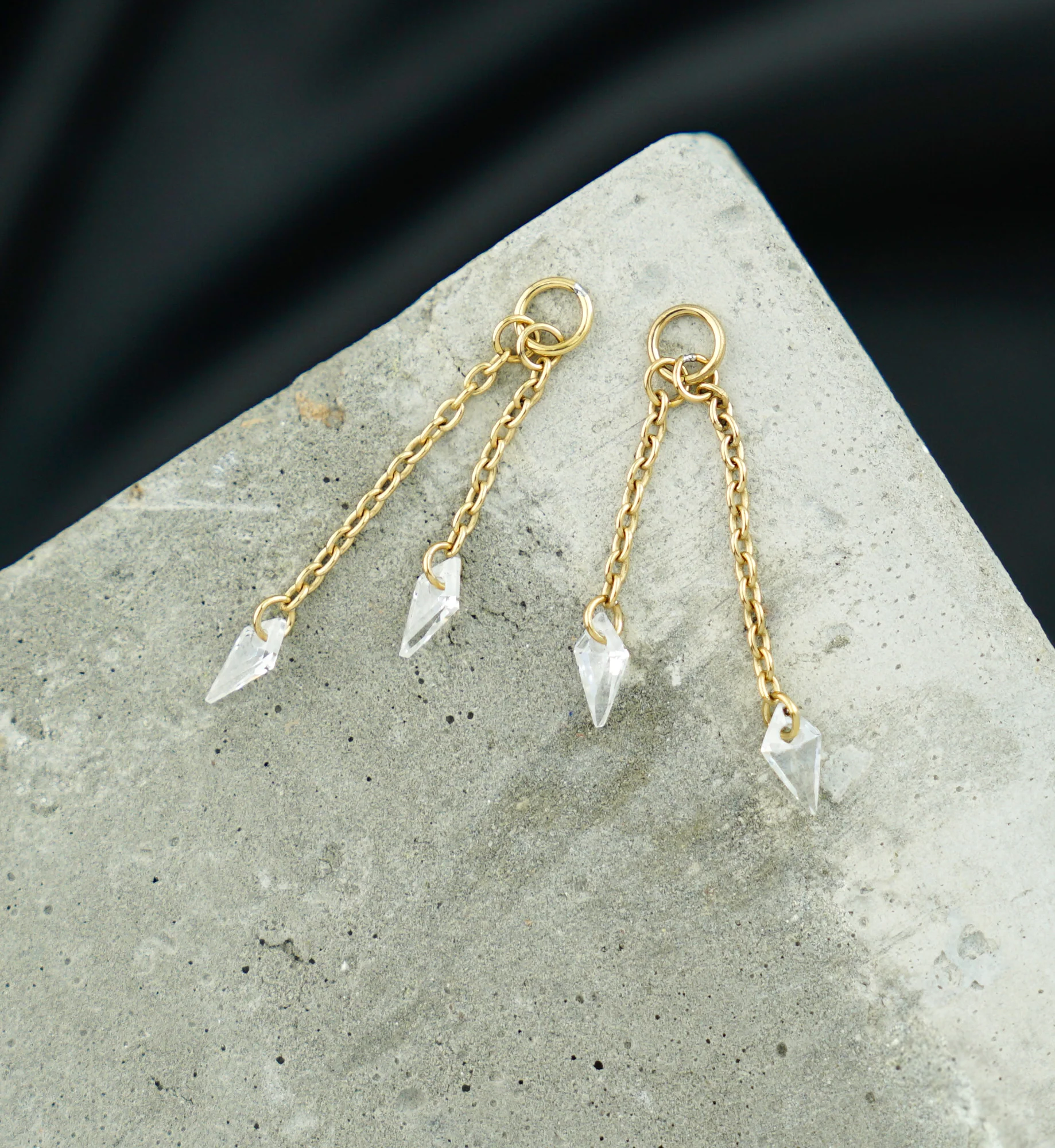 24kt Gold PVD Dual Dart CZ Dangle Chain Titanium Charm - Image 3