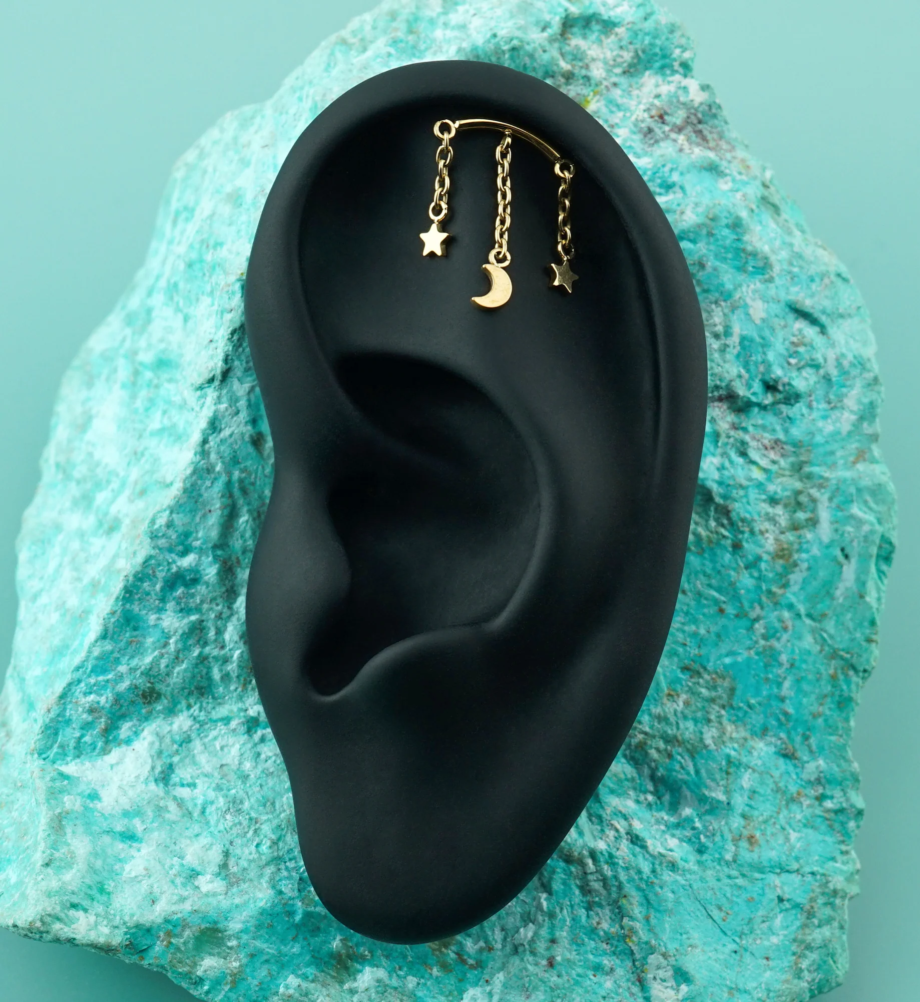 24kt Gold PVD Hidden Curved Bar Moon and Stars Triple Dangle Titanium Threadless Top - Image 2