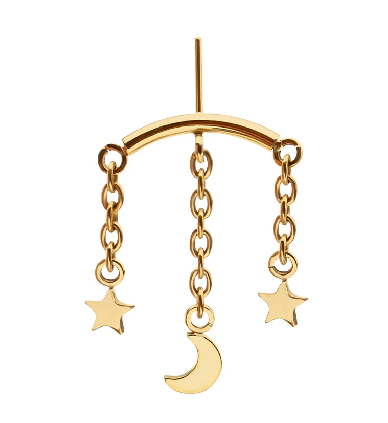 24kt Gold PVD Hidden Curved Bar Moon and Stars Triple Dangle Titanium Threadless Top - Image 3