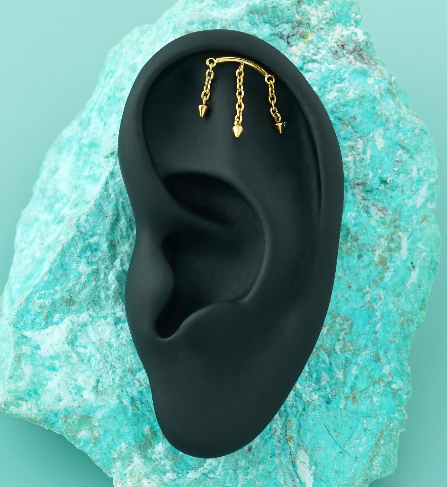 24kt Gold PVD Hidden Curved Bar Triple Spike Dangle Titanium Threadless Top - Image 2