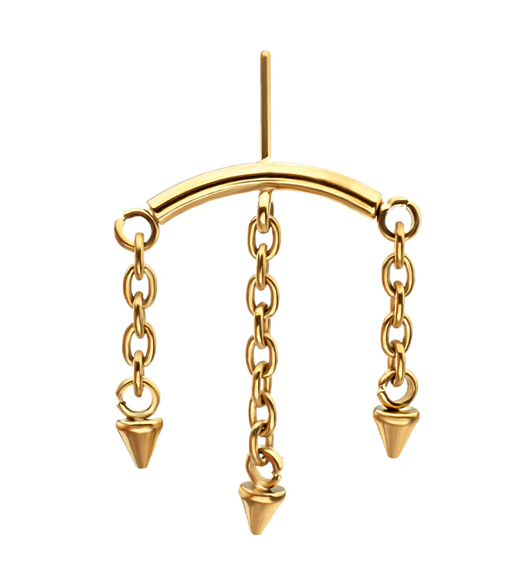 24kt Gold PVD Hidden Curved Bar Triple Spike Dangle Titanium Threadless Top - Image 3