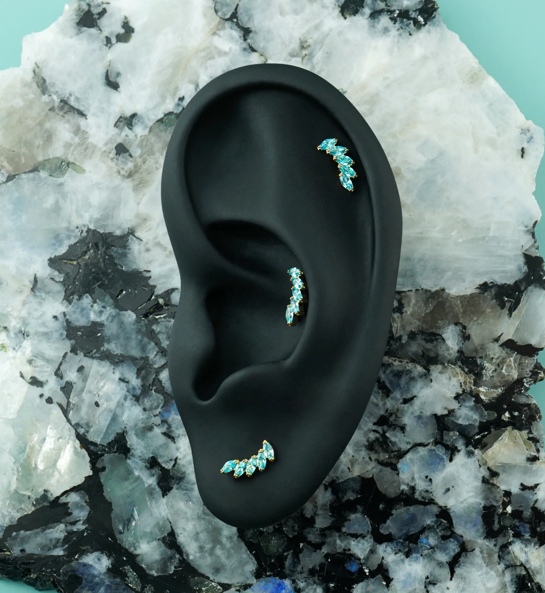24kt Gold PVD Mini Cascade Aqua CZ Titanium Threadless Top - Image 2