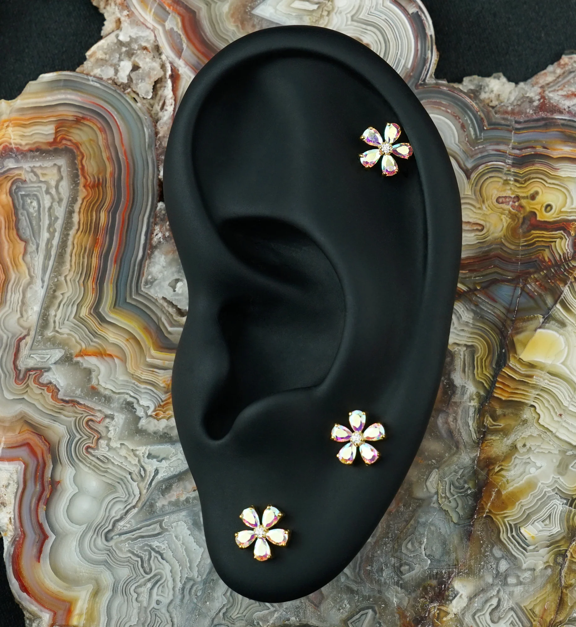 24kt Gold PVD Myosotis Rainbow Aurora CZ Titanium Threadless Top - Image 2