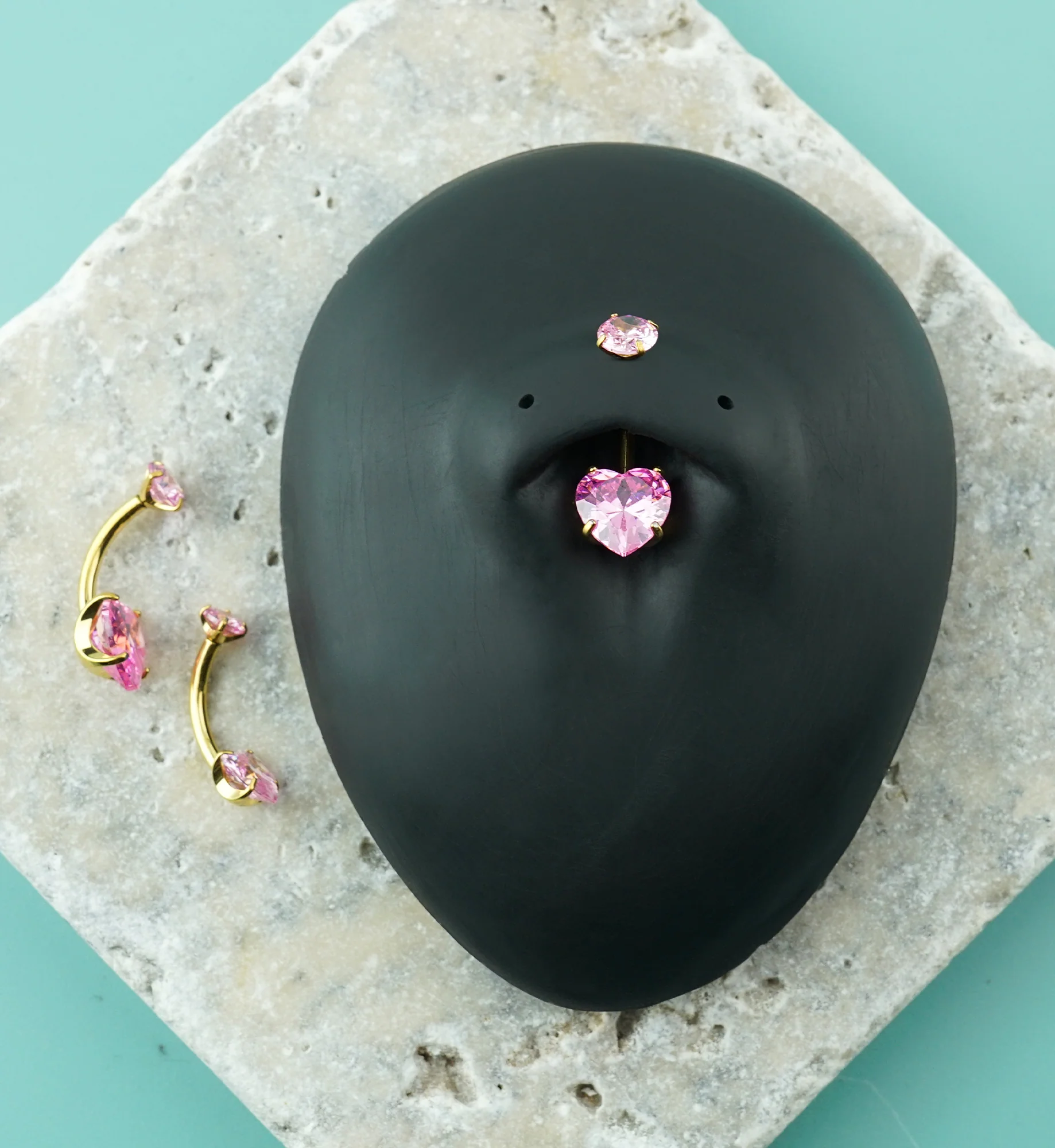 24kt Gold PVD Pink CZ Heart Titanium Internally Threaded Belly Button Ring - Image 2