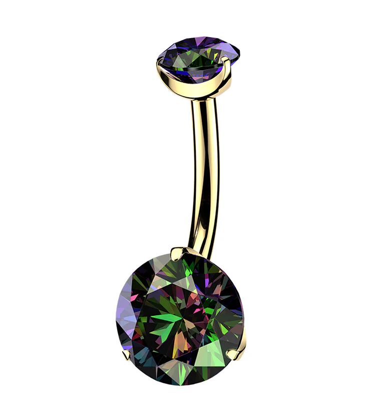 24kt Gold PVD Prong Black Aurora CZ Titanium Internally Threaded Belly Button Ring