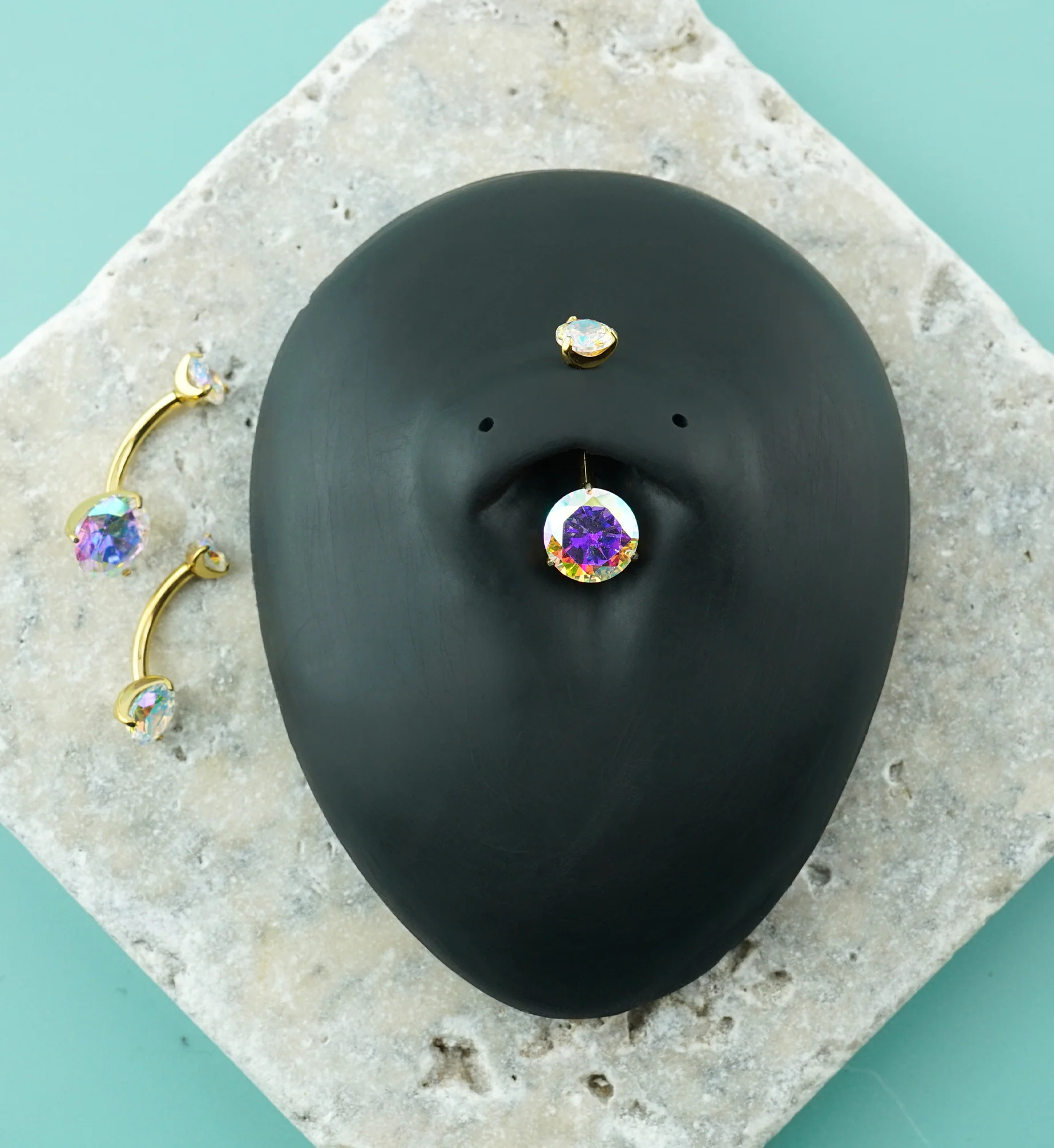24kt Gold PVD Prong Rainbow Aurora CZ Titanium Internally Threaded Belly Button Ring - Image 2
