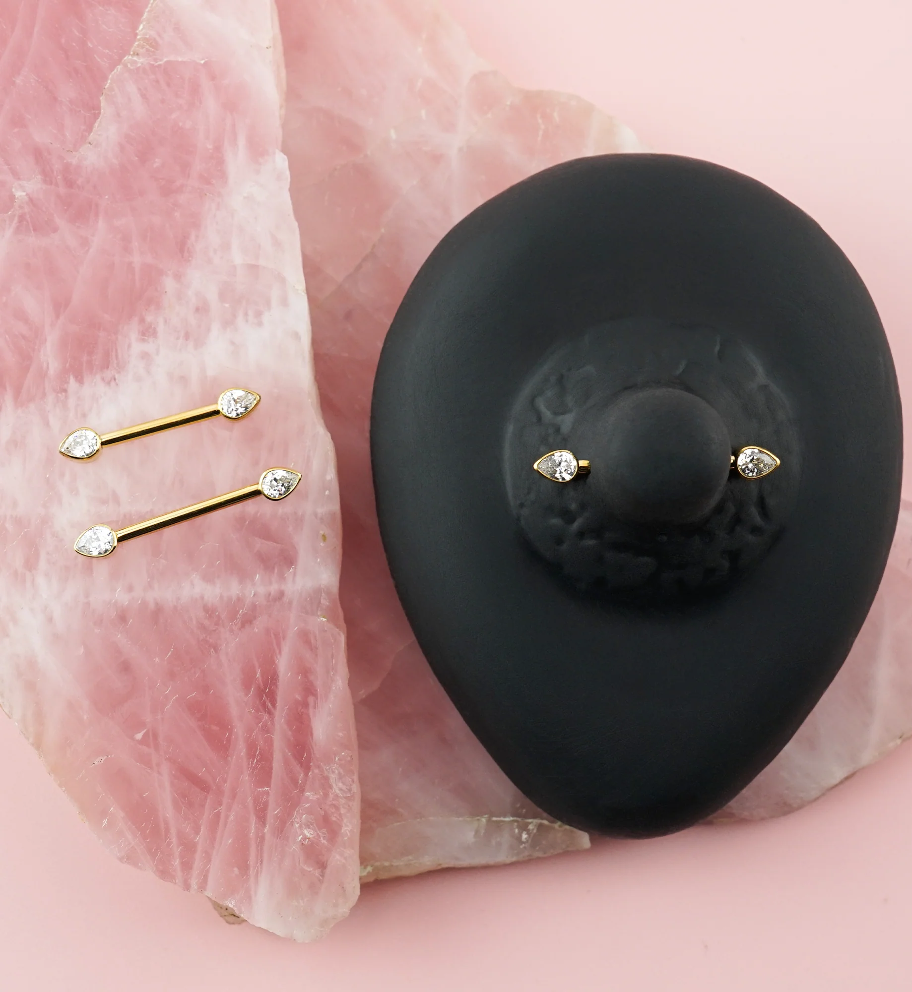 24kt Gold PVD Teardrop Clear CZ Titanium Internally Threaded Nipple Ring Barbell - Image 2
